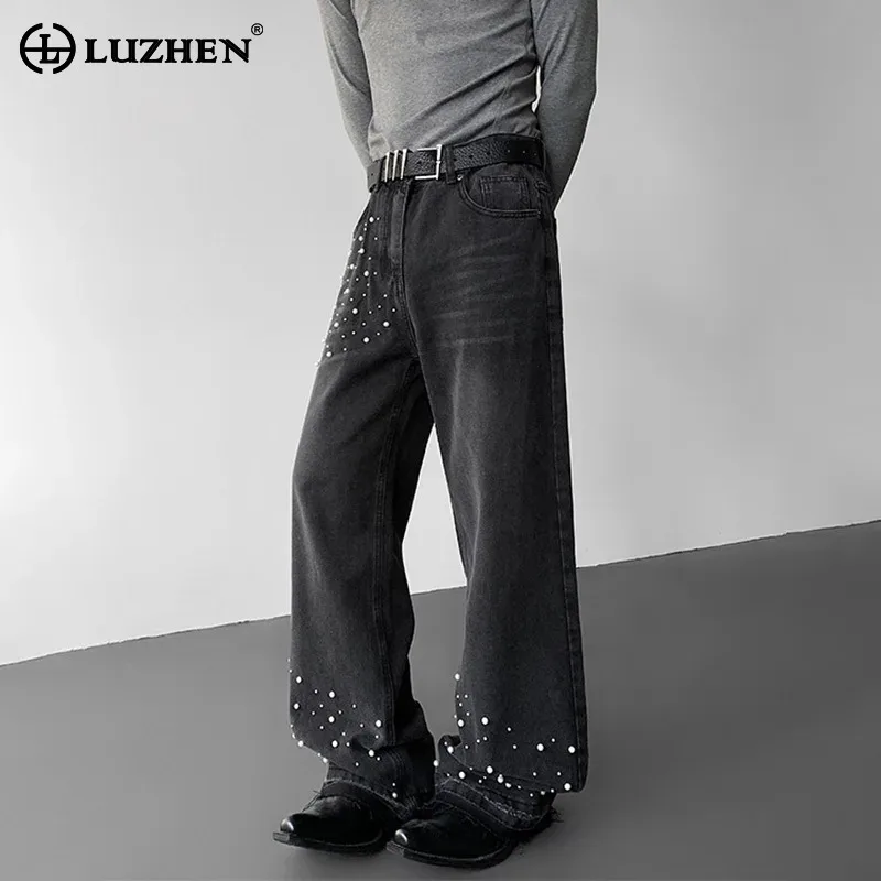 

LUZHEN Fashion Personalized Pearl Patchwork Design Casual Jeans 2025 New High Street Original Straight Men's Denim Pants JY5870