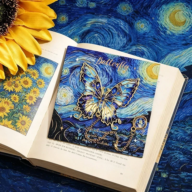 Hollow Butterfly Metal Bookmark Van Gogh Oil Painting Book Mark With Chain Pendant Vintage Reading Gift for Book Lovers Students