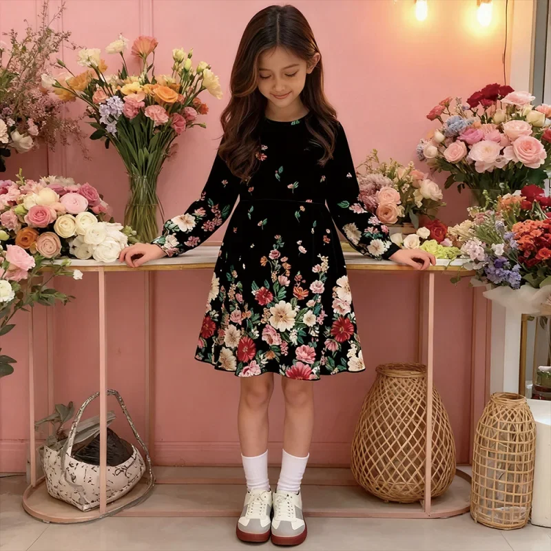 

2025 Trendy Girls Long Sleeve Floral Print Dress - Cute Black Floral Party & Casual Midi Dress for Kids