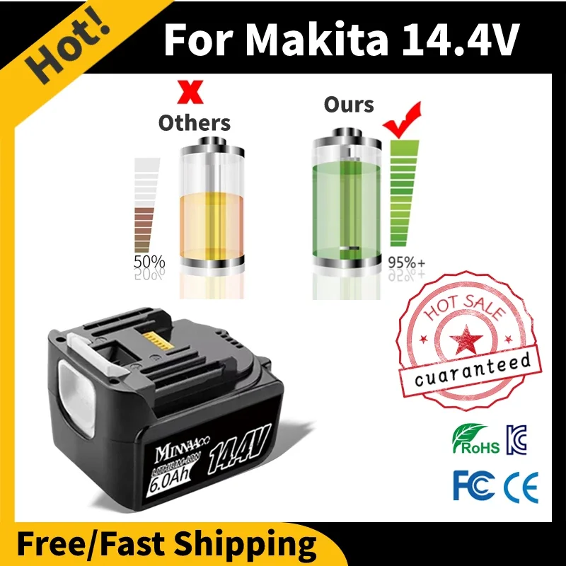 BL1430 14.4V 6000mAh Rechargeable Lithium Battery for Makita LXT200 BL1415 194558-0 194559-8 194066-1 With LED Charger