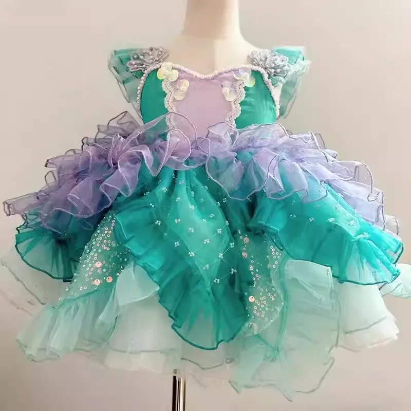 Abito da principessa per ragazze, scollo a cuore, maniche a sbuffo, volant, tulle a strati, paillettes, costume da spettacolo formale per feste