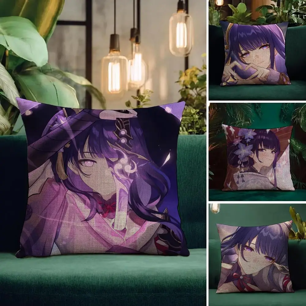 Genshin Impact Raiden Shogun Cushion Cover Natural Linen Pillowcase Set All-in-One Decor Cushion Cover for Sofa Bedroom Chair