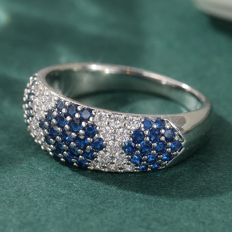Funkelnder Micro-PVae Blau-Weißer CZ Damenring Trendiger Silberfarbener Verlobungsring Täglicher Schmuck Party-Schmuck Jubiläumsgeschenk – Detail 2