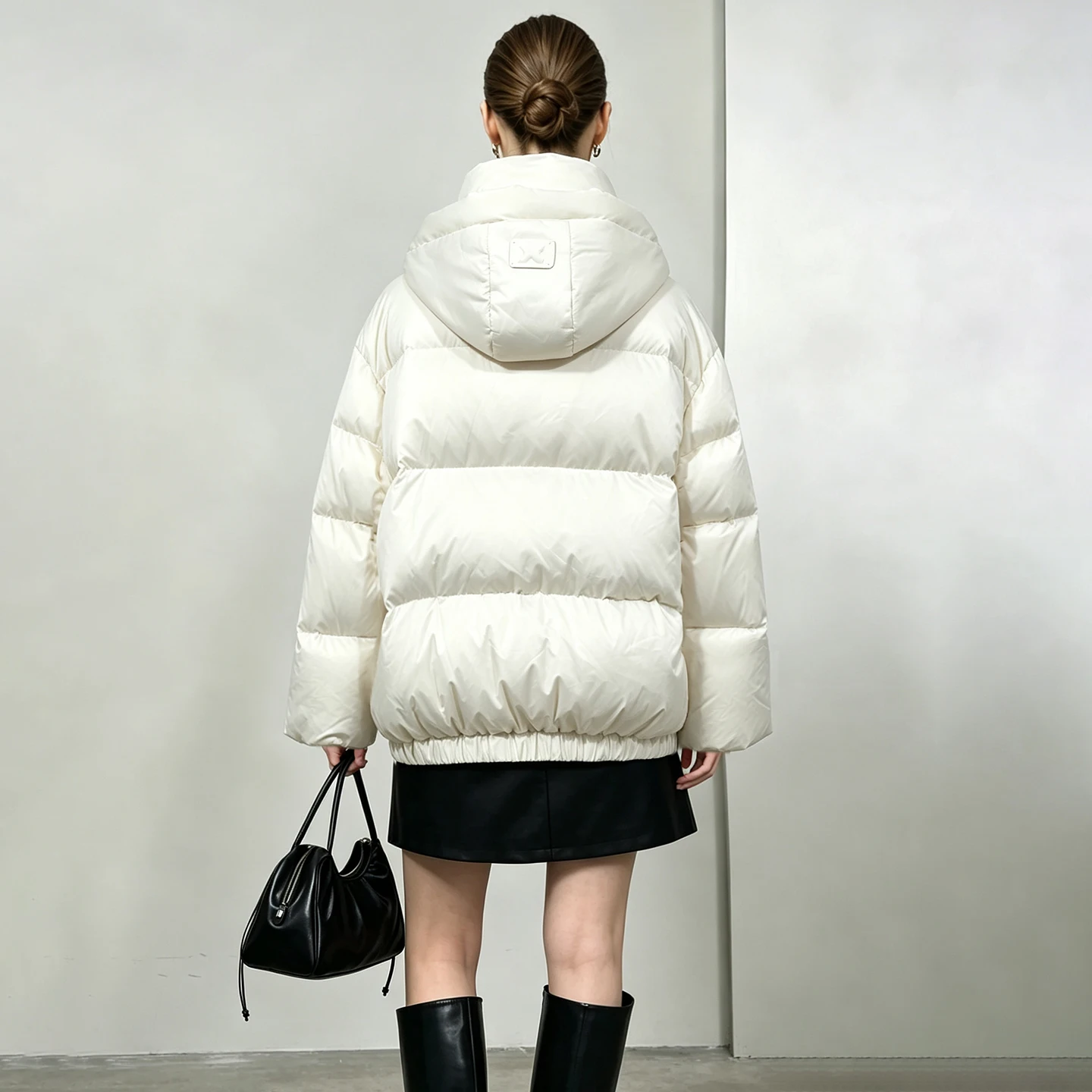 Amii Women's Winter Down Jacket Stand Collar Embossed Hooded Elastic Hem 2026 New White Duck Down Jacket Loose Warm Top 12644027