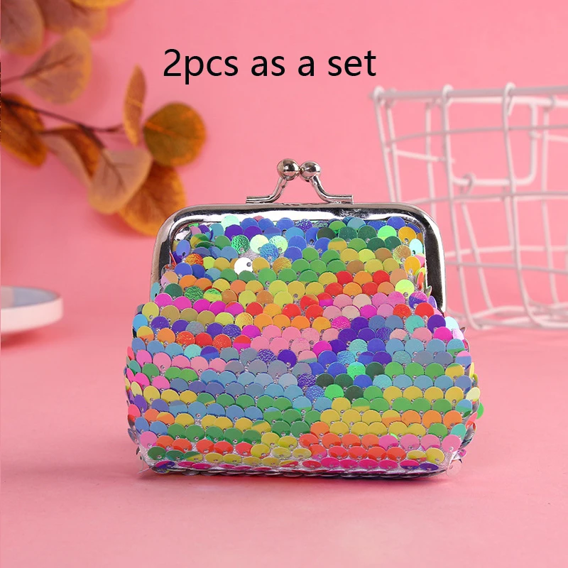 2pcs Set 3-Inch Sequin Mini Small Money Pouches with Buckle Closure Coin Pocket Wallets for Earphone & Cable Storage Women Purse