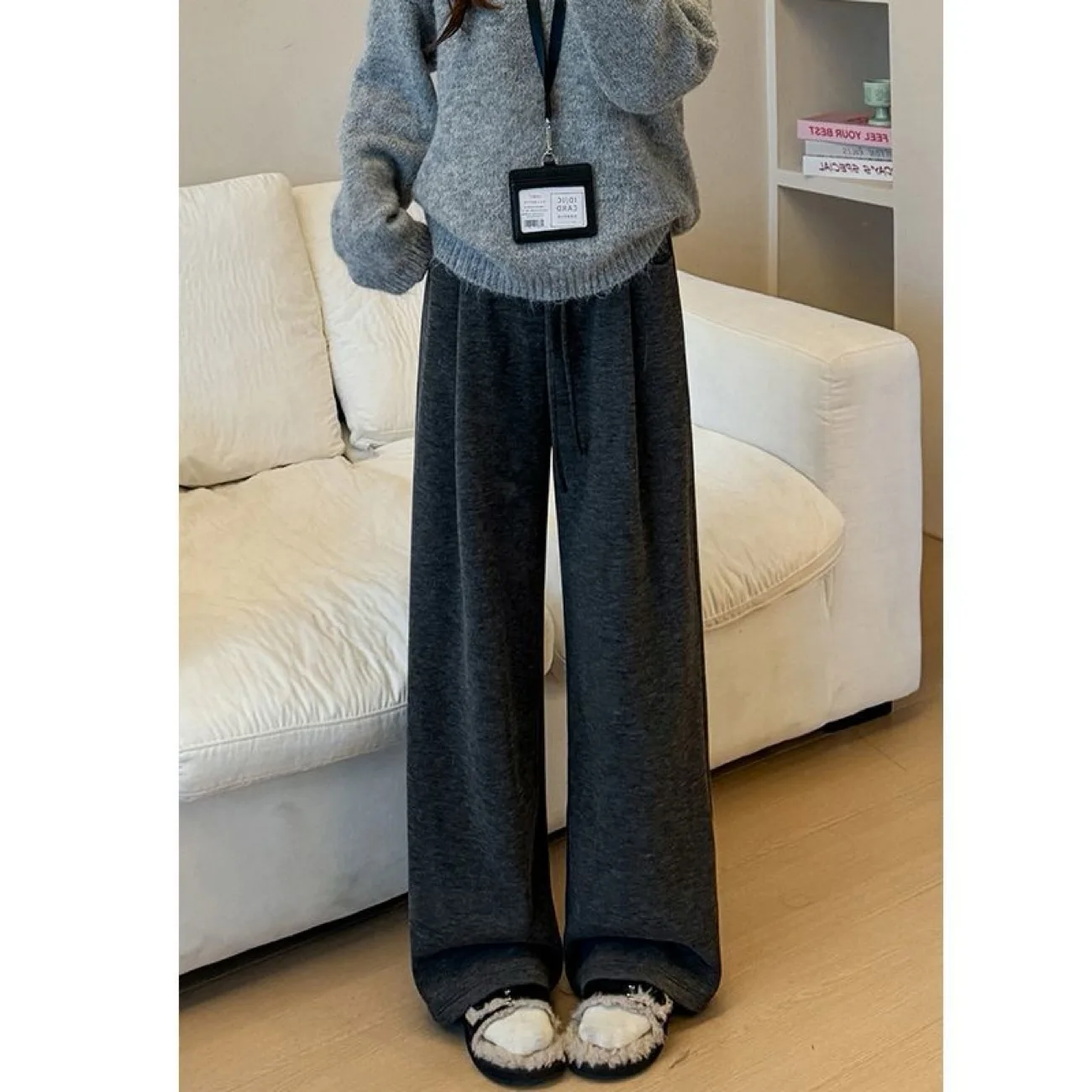 بنطال ذو قصة أرجل واسعة كاكي نسائي شتوي مضلع بطابقين قطيفة نسائية حضرية حديثة من قماش الجاكار وكشكشة من الصوف وبطانة من الساتان بطبقات #2