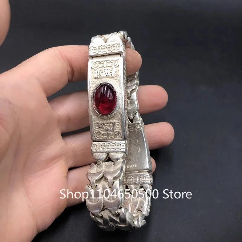 

Colorful jade red bead inlaid Tibetan silver bracelet chain