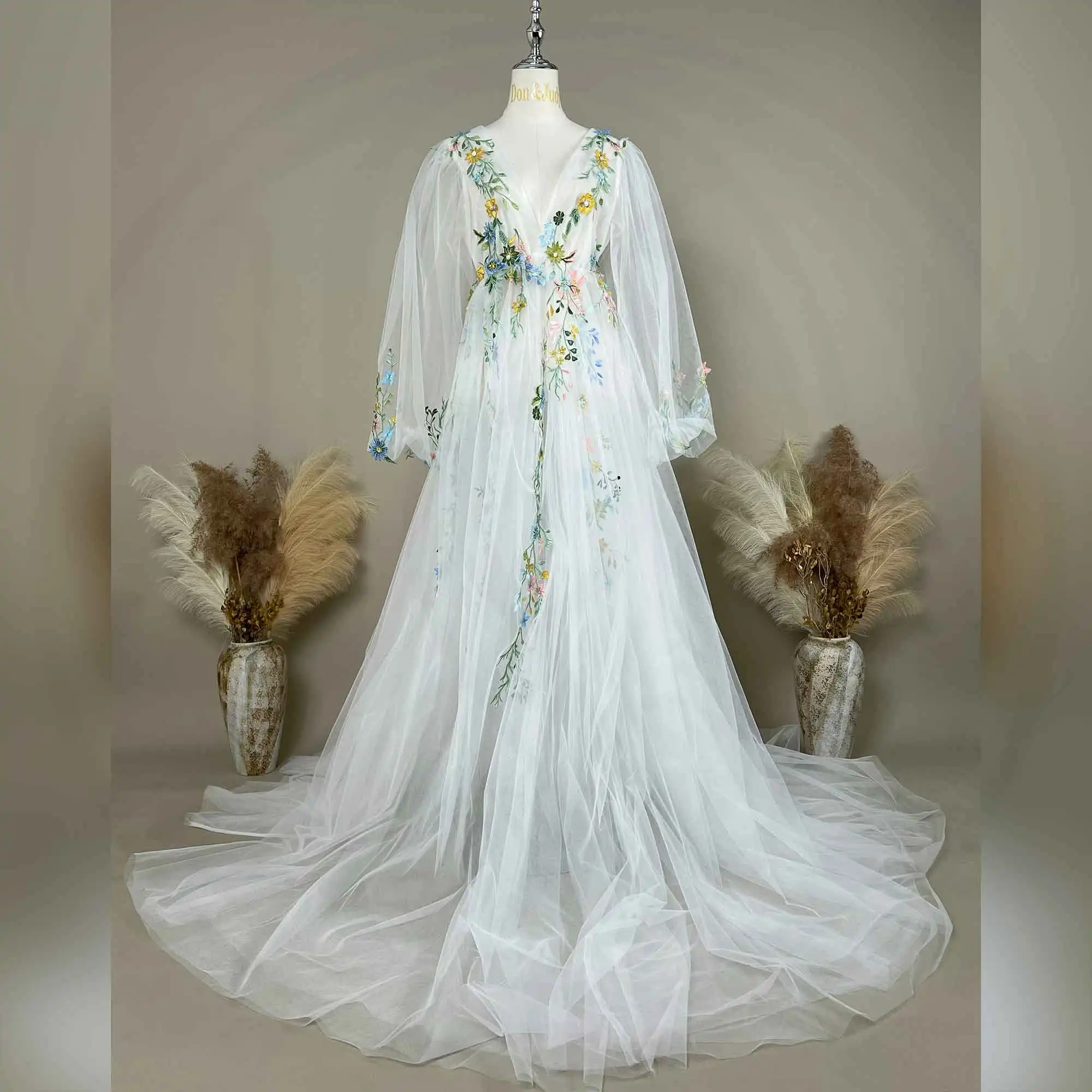 Don&Judy White Tulle Embroidered Appliqué Dress Adult + Kids Set Pregnancy Photography Maternity and Baby Photoshoot Dresses