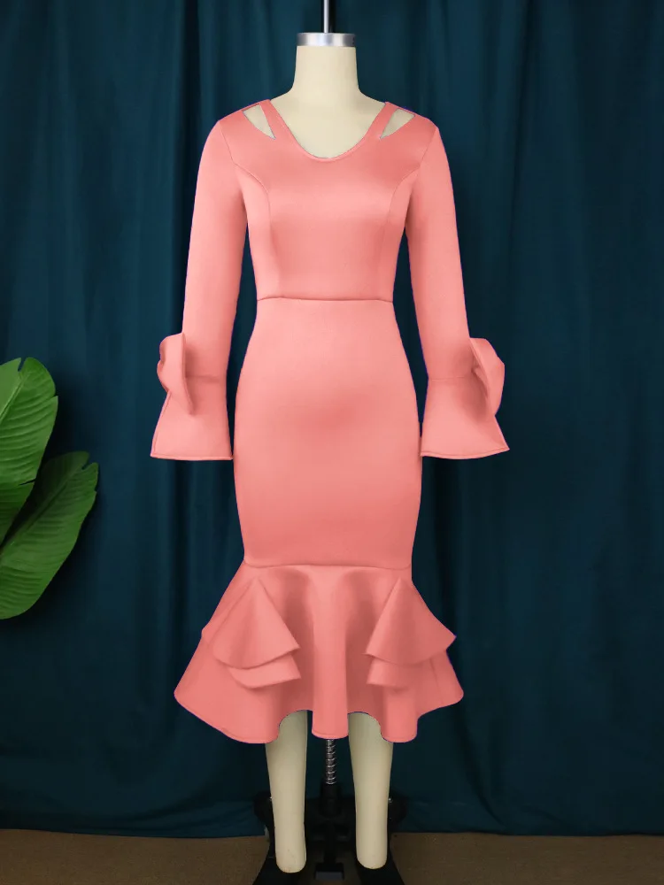 Personality Hollow Out V-neck Sexy Big Swing Dress, Solid Color Slim-fit Fishtail Dress, Flared Sleeve with Bow for Women Spring