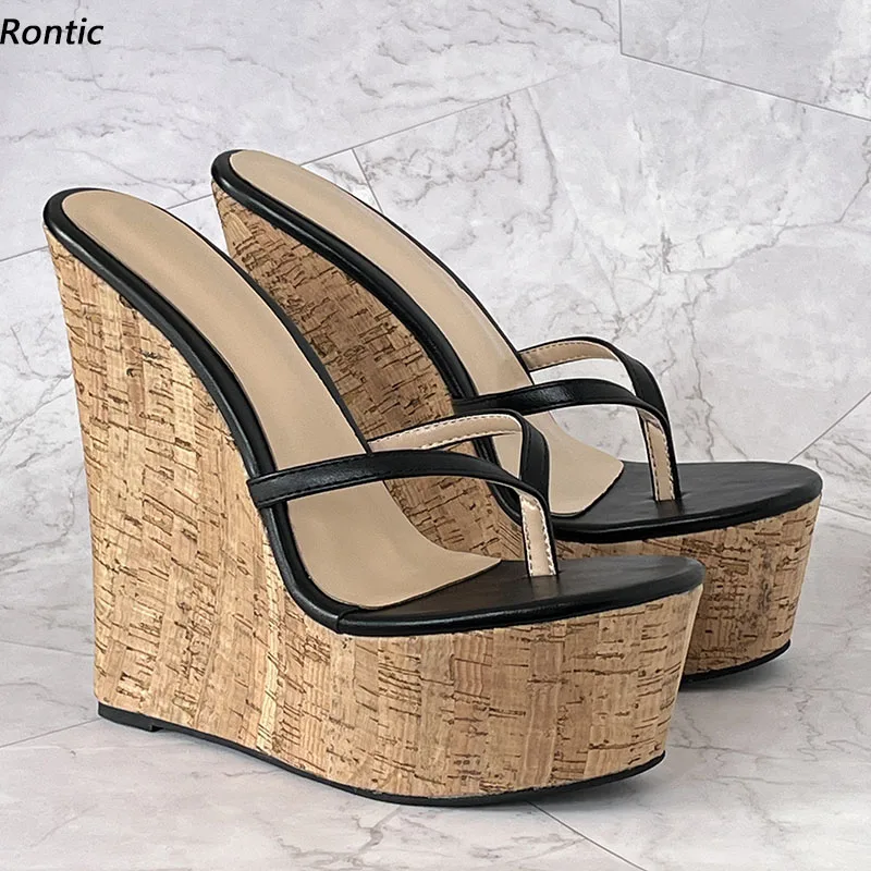 

Rontic/женские босоножки ручной работы на платформе с открытой пяткой, элегантные черные туфли на танкетке с круглым носком для вечеринок, размер США, большие размеры 4-20