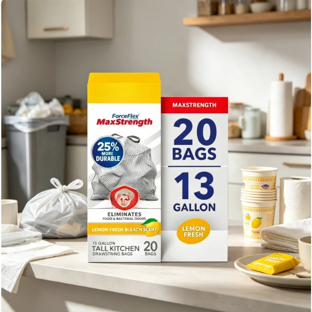 ForceFlex MaxStrength with Clorox 13 Gallon Kitchen Trash Bags, Lemon Fresh Bleach, 20 Bags