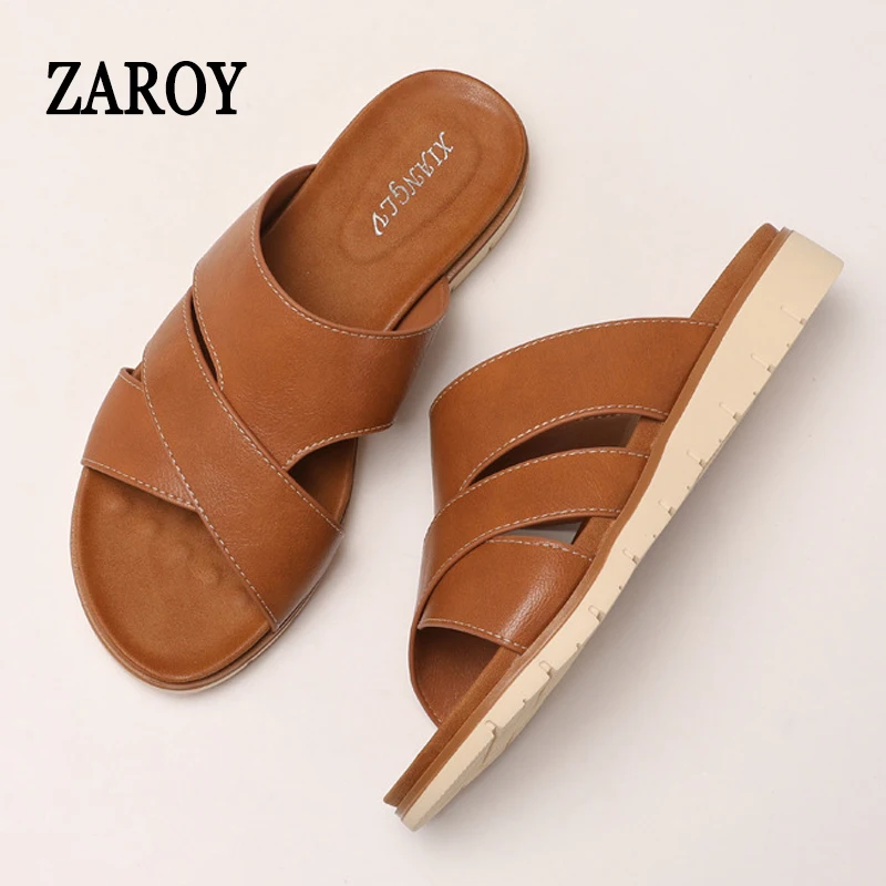

ZAROY Leather Flat Sandals Casual Slip On Modern Slippers Summer Fashion Women Shoes For Wearing Outside Open Toe Roman Sandals