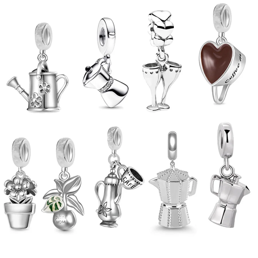 Authentic Garden Tool Kettle，Coffee Pot，Flower Pot Dangle Charm Bead Fit Original European 925 Sterling Silver Bracelet Jewelry