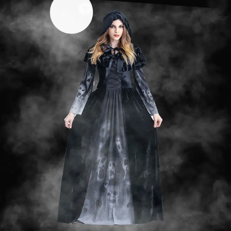 

Halloween Printed Witch Hooded Cloak Dress Scary Ghost Souls Vampire Skull Cosplay Costume Carnival Party Outfits for Womens