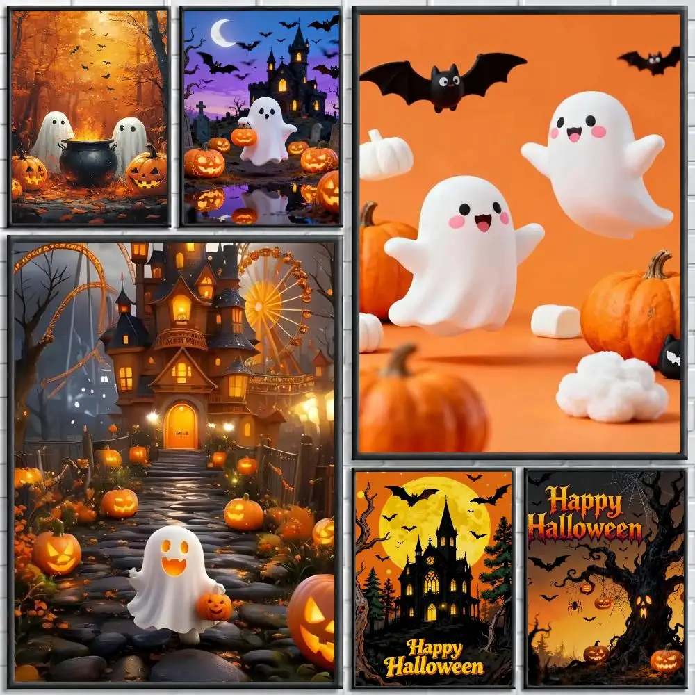 Halloween Cute Ghost Painting Calligraphy Stylish Canvas Poster Wall Art for Living Room Bedroom Cafe Office Decor Gift