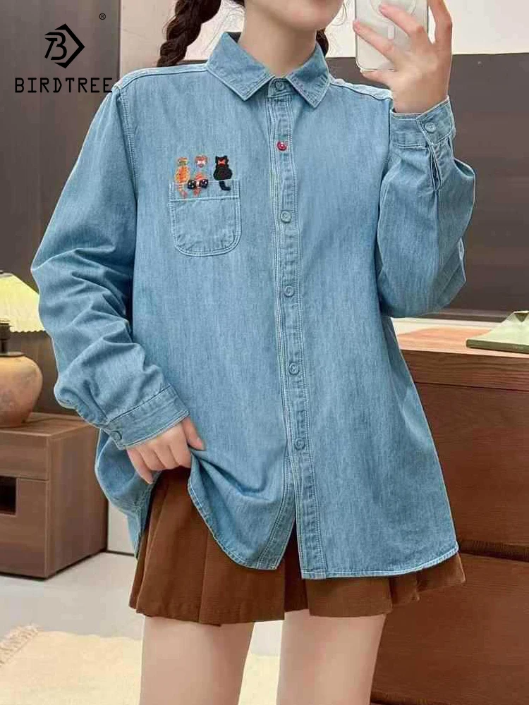 

New 2025 Autumn Long Sleeve Denim Shirt, Women Turn-down Collar Cat Embroidery, Mori Girl French Sweet INS Loose Blouse T5O758CC