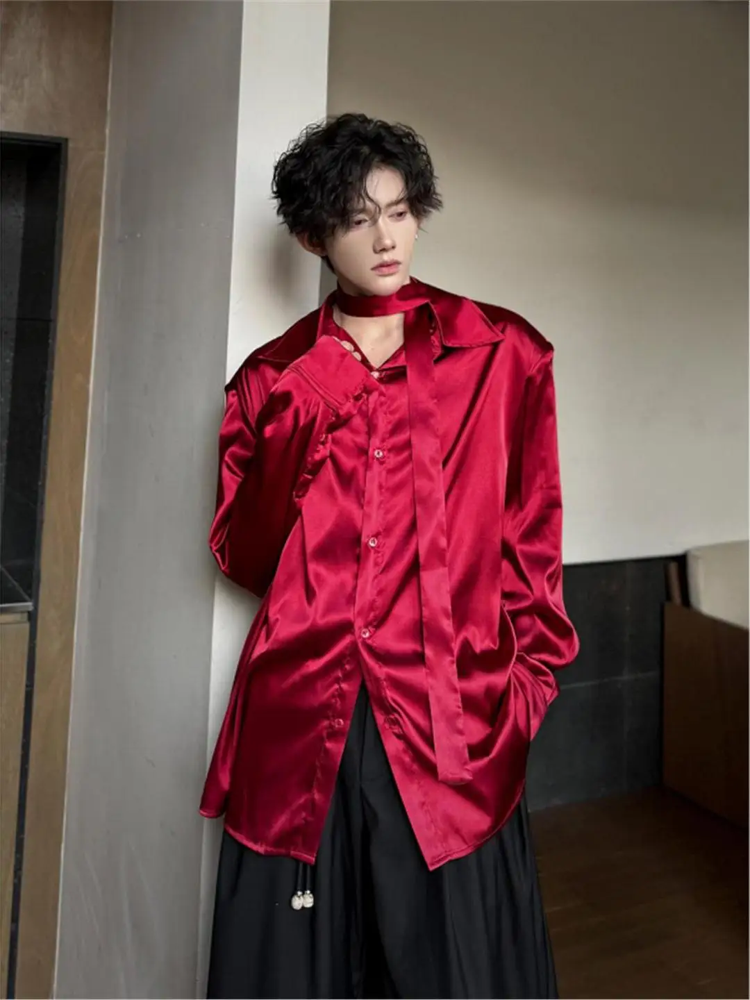 

Long Sleeve Shirt Men's Spring Autumn Design Sense Sash Pad Shoulder Hairstylist Top Trendy Loose Fit Youthful Style