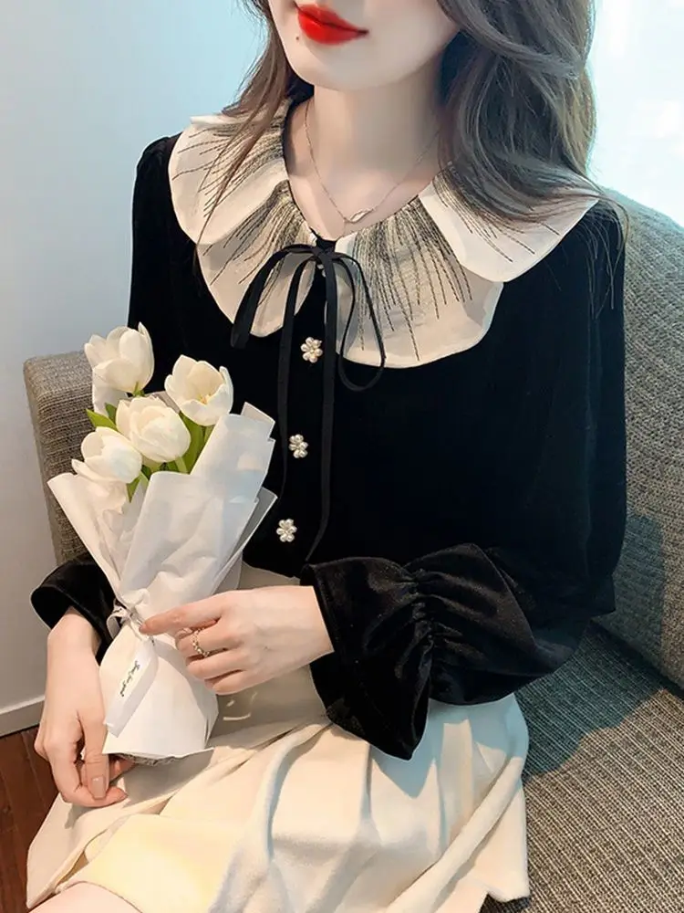 Flower Bud Doll Collar Long Sleeved Shirt for Women with a Niche High-end Western-style and Chic Design Small Shirt with Gold