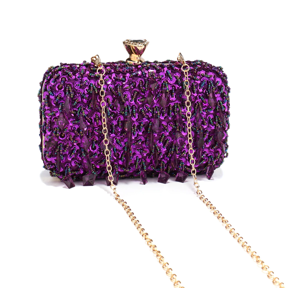 Glitter Party Dinner Evening Bags Purple Color Tassel Acrylic Clutch Bags Flap Fashion Metal Chain Diamonds Handbags Beading