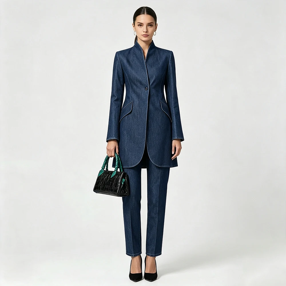 Elegant Denim Women Suits 2 Piece Jacket Pants Full Sets Casual Daily One-Button Slim Fit Female Clothing High Quality Clothing
