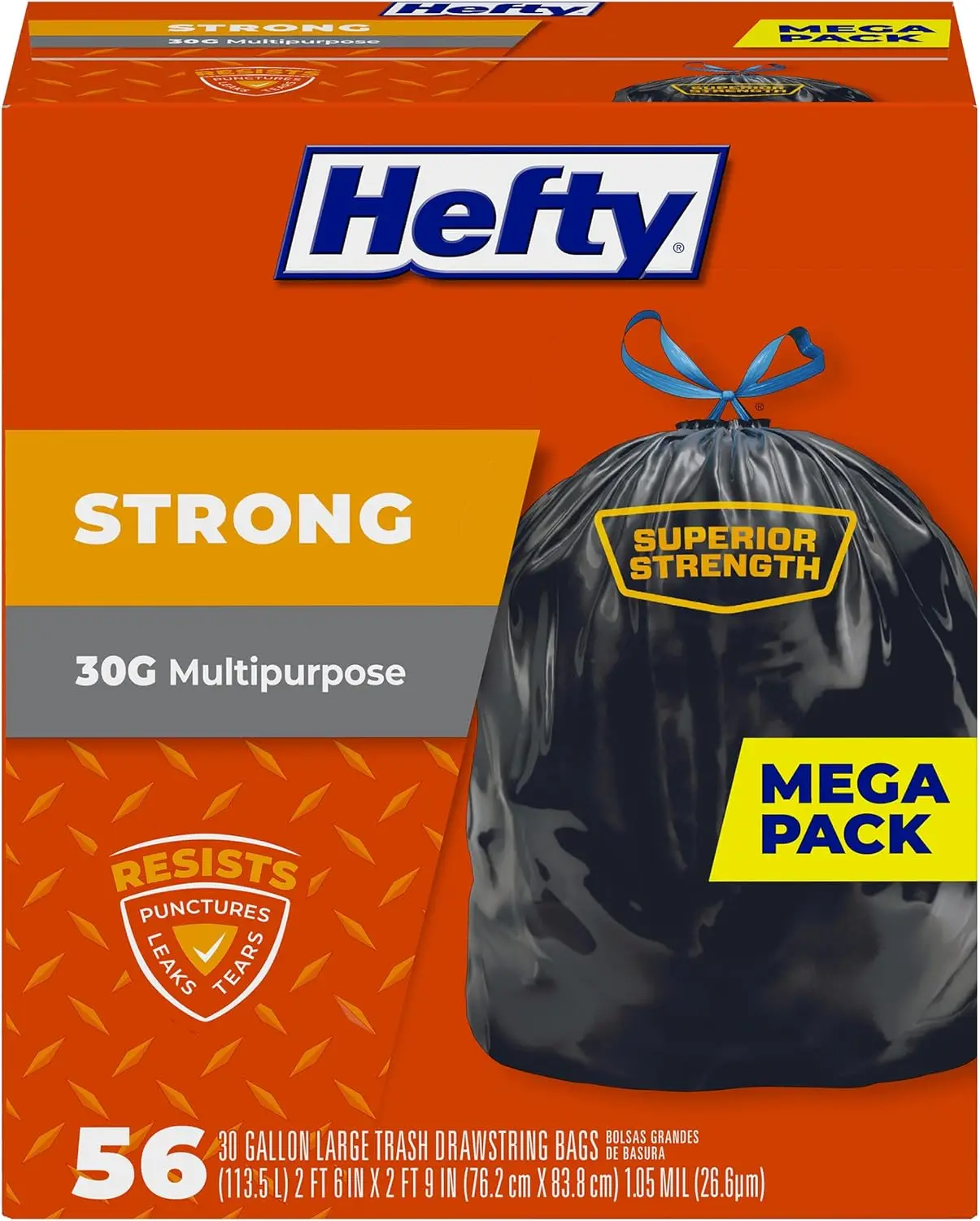

Heavy-Duty 30 Gallon Trash Bags with Drawstring, Puncture-Resistant, Leak-Proof, Black Unscented, 56 Count