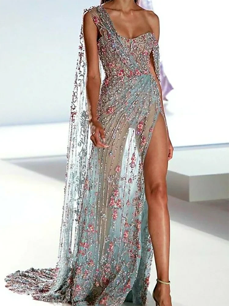 

Luxury One Shoulder Sleeveless Floral Side Split Formal Evening Dresses Birthday Party Prom Gowns Customized