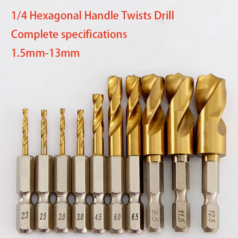 1 Stück HSS-Bohrer-Set aus Schnellarbeitsstahl mit Titanbeschichtung, 1/4 Sechskantschaft, 1,5 mm, 2 mm, 3 mm, 4 mm, 5 mm–13 mm, Sechskantgriff, Spiralbohrer