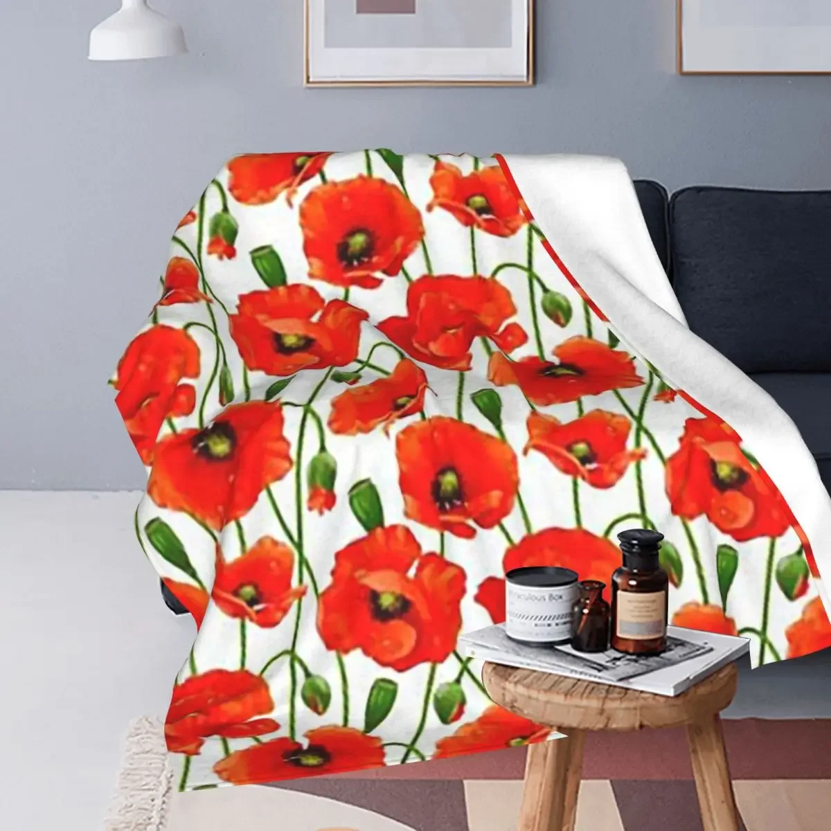 Beautiful Red Poppy Flowers Blanket Soft Warm Flannel Throw Blanket Cover for Bed Living room Picnic Travel Home Sofa