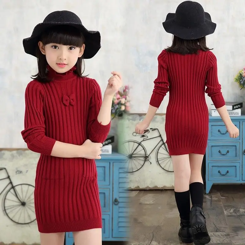 

5-12 Years Teen Child Knitted Sweater Dress 2024 New Fashion Korean Long Sweaters For Girls Autumn Winter Children Clothing