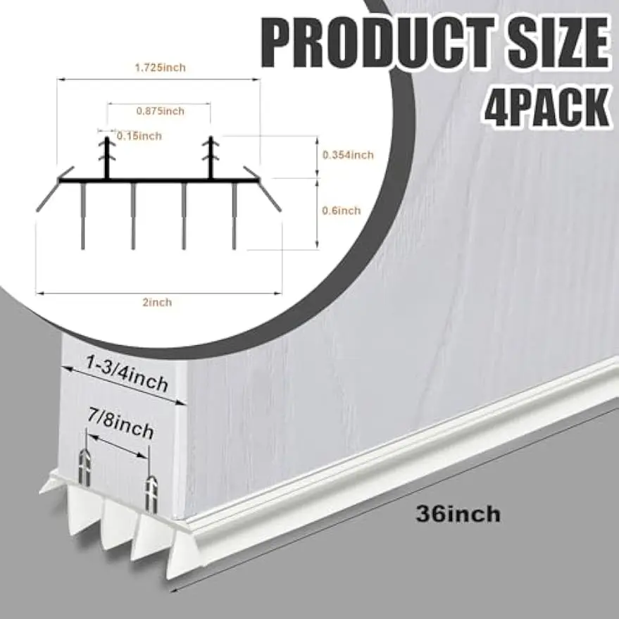 Weiße PVC-Türbodendichtung mit Vinylflossen, 36" Länge, 1,75" Breite, Kerf-Stil, Wetterschutz für 7/8" Lücke (4er-Pack)