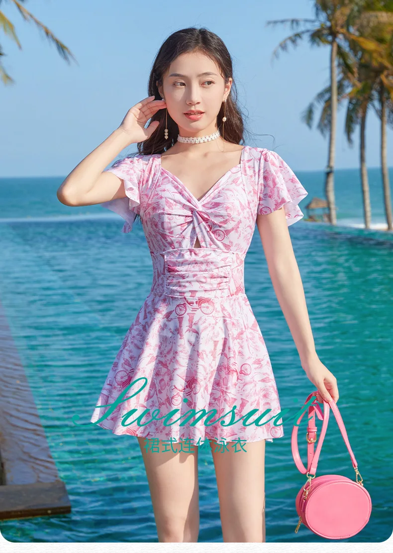 

pink korean style Female conservative summer new fairy style covered belly, slimming and slightly chubby one-piece floral swimsu