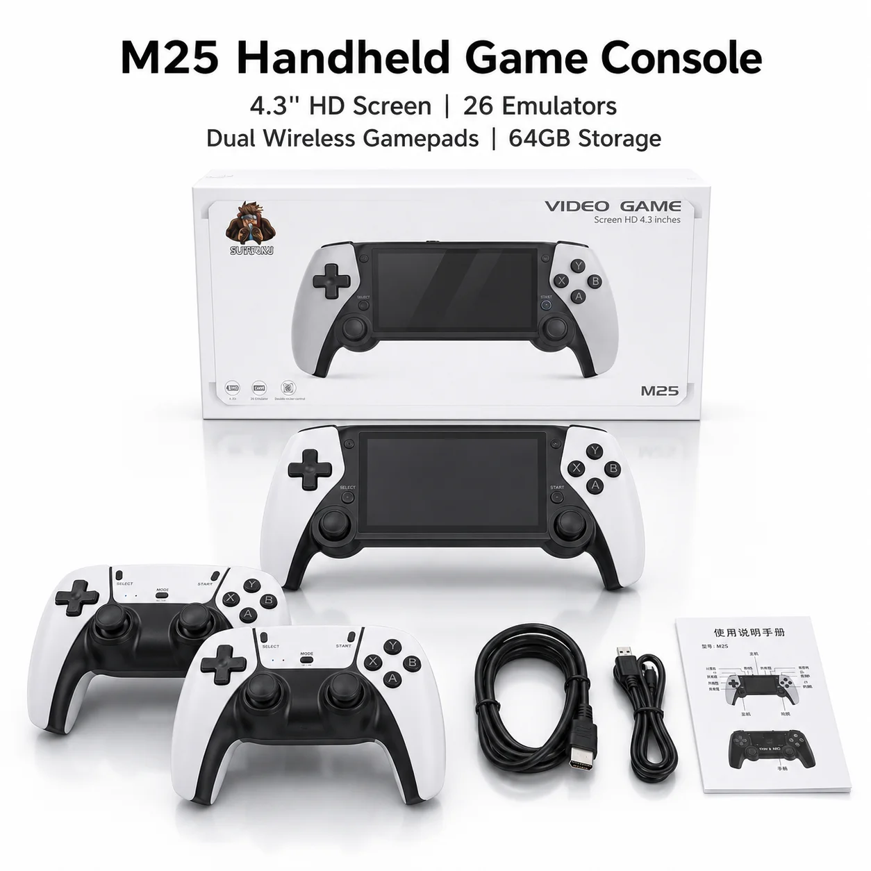 M25 Portable Retro Handheld Game Console 4.3 Inch HD Screen 64GB Classic Video Games Player Best Gift for Kids Game Lovers