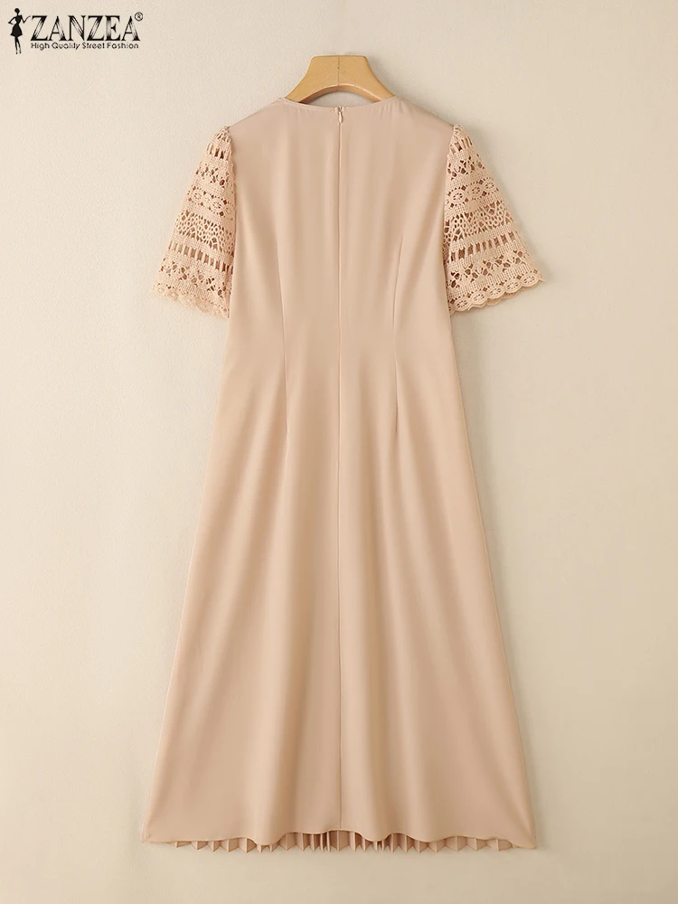 ZANZEA Women Openwork Lace Robes Femme Fashion Solid Elegant Bohemian Midi Dresses 2025 Summer Pleated Hem Short Sleeve Vestidos
