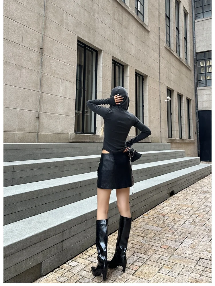 Bla Falda acampanada con cremallera para mujer, falda ortopé de cuero PU adelgazante, informal, a la moda, con soporte, otoño 2025