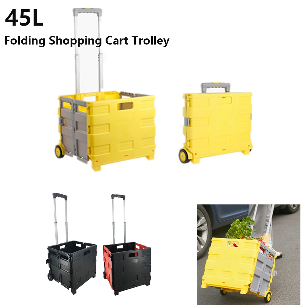 45LTote Bin Collapsible Utility Cart Polypropylene Portable Shopping Cart Outdoor Camping Trolley Handcart W/ Telescoping Handle