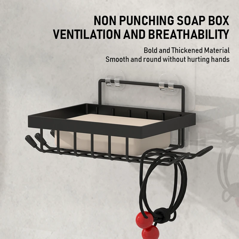 Black Soap Box Wall Mounted Non Perforated Soap Drain Storage Multifunctional Bathroom Shelf With Hooks for Toiletries Storage