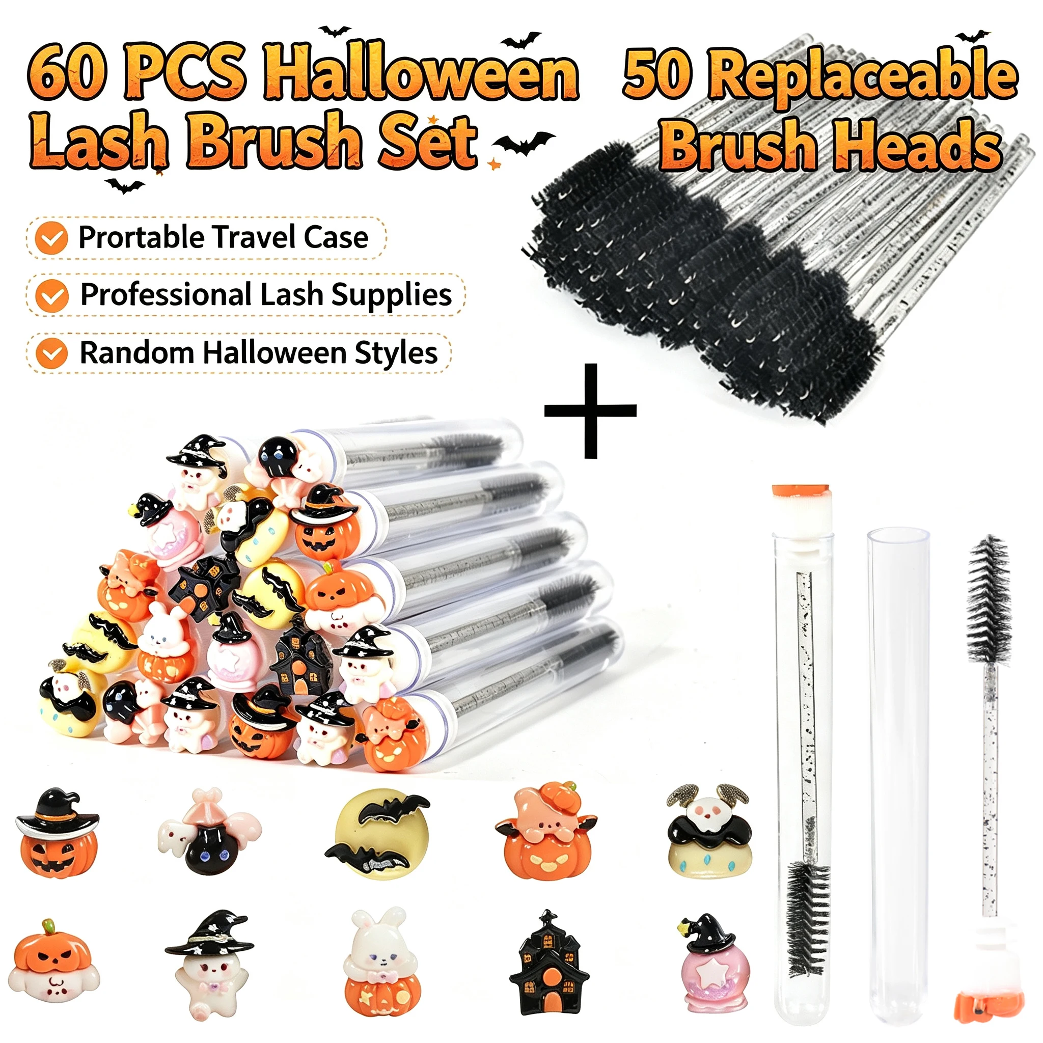 60Pcs Halloween Mascara Wands with Tubes 50 Replaceable Spoolie Brush Lash Extension Tools Spooky Eyebrow Wand DIY Lash Tech Tra