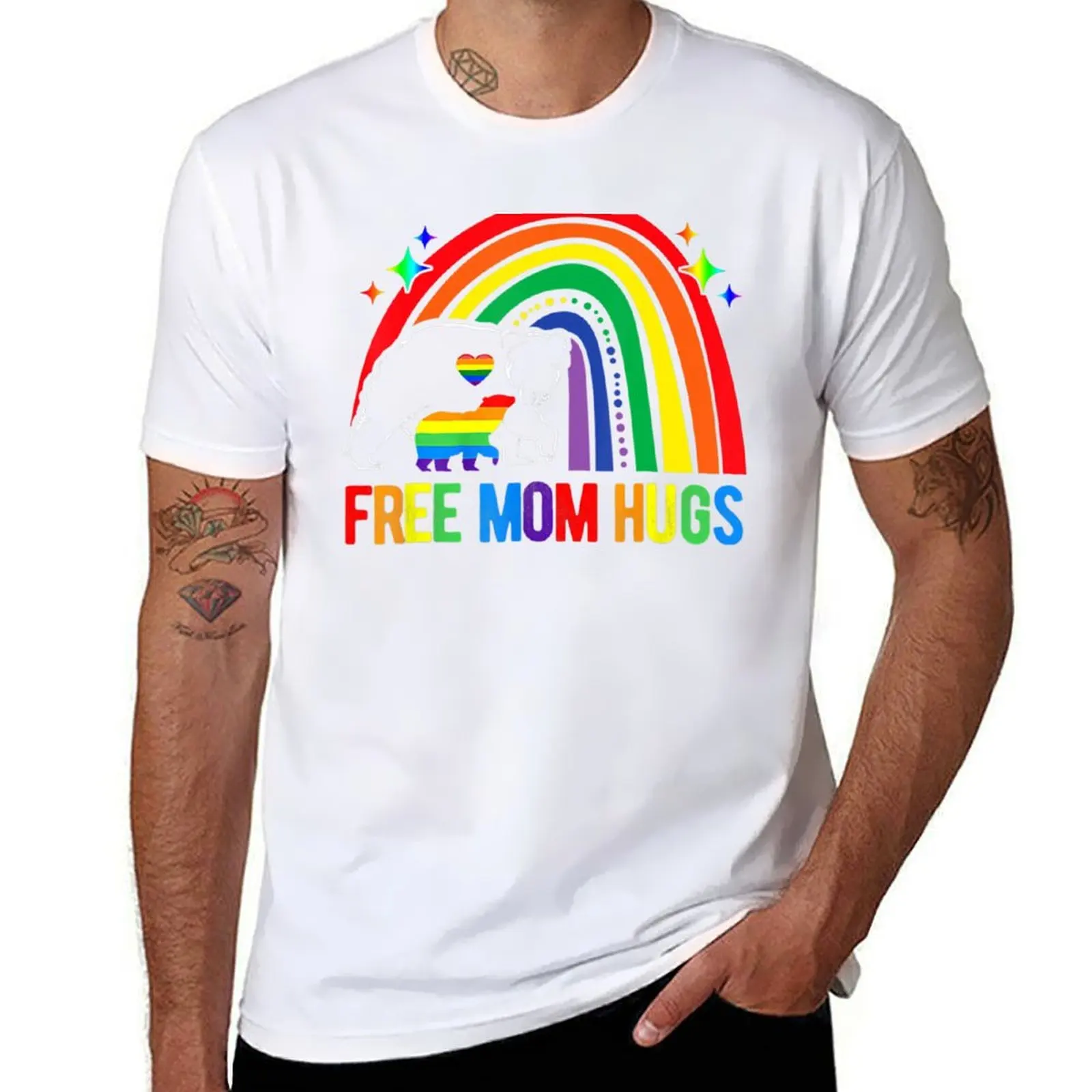 Lgbt Free Mom Hugs Bear Mama Bear Ally Rainbow Flag T-Shirt Vintage Print Crew Neck Tee