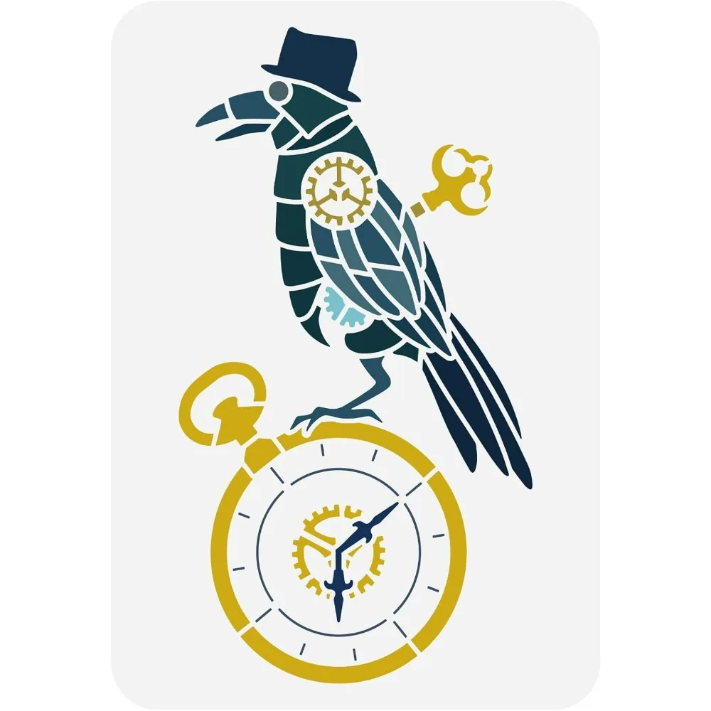 Steampunk Crow Stencil 8.3x11.7inch Hollow Out Painting Stencil Crow Drawing Template Spring Clock Pattern Stencil Mechanical