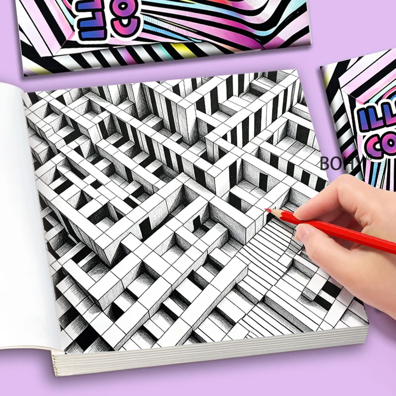 1 Adult Decompression Abstract Coloring Album 3D Illusion Themed Coloring Patterns 24 Pages Casual Graffiti for Home and Leisure
