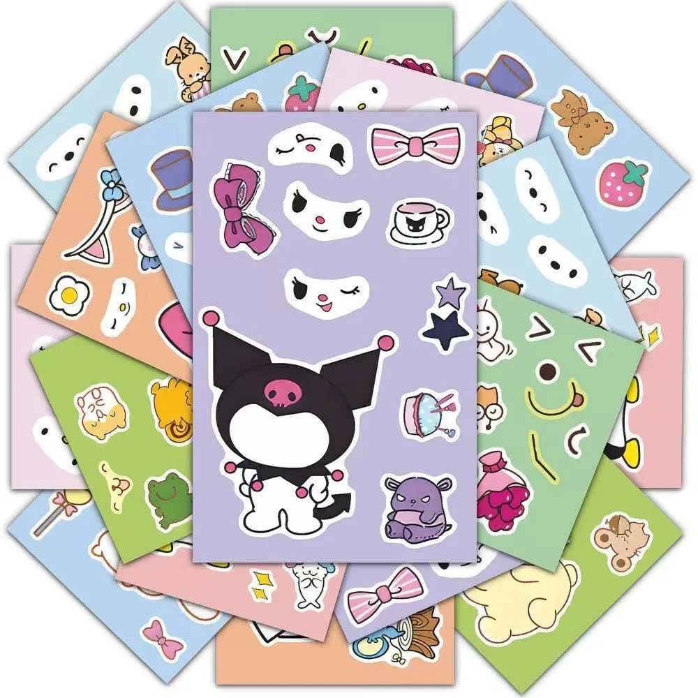 

8 листов/упаковка, наклейки Sanrio для изменения выражения лица, милые мультяшные наклейки-головоломки для создания собственного лица, игрушка