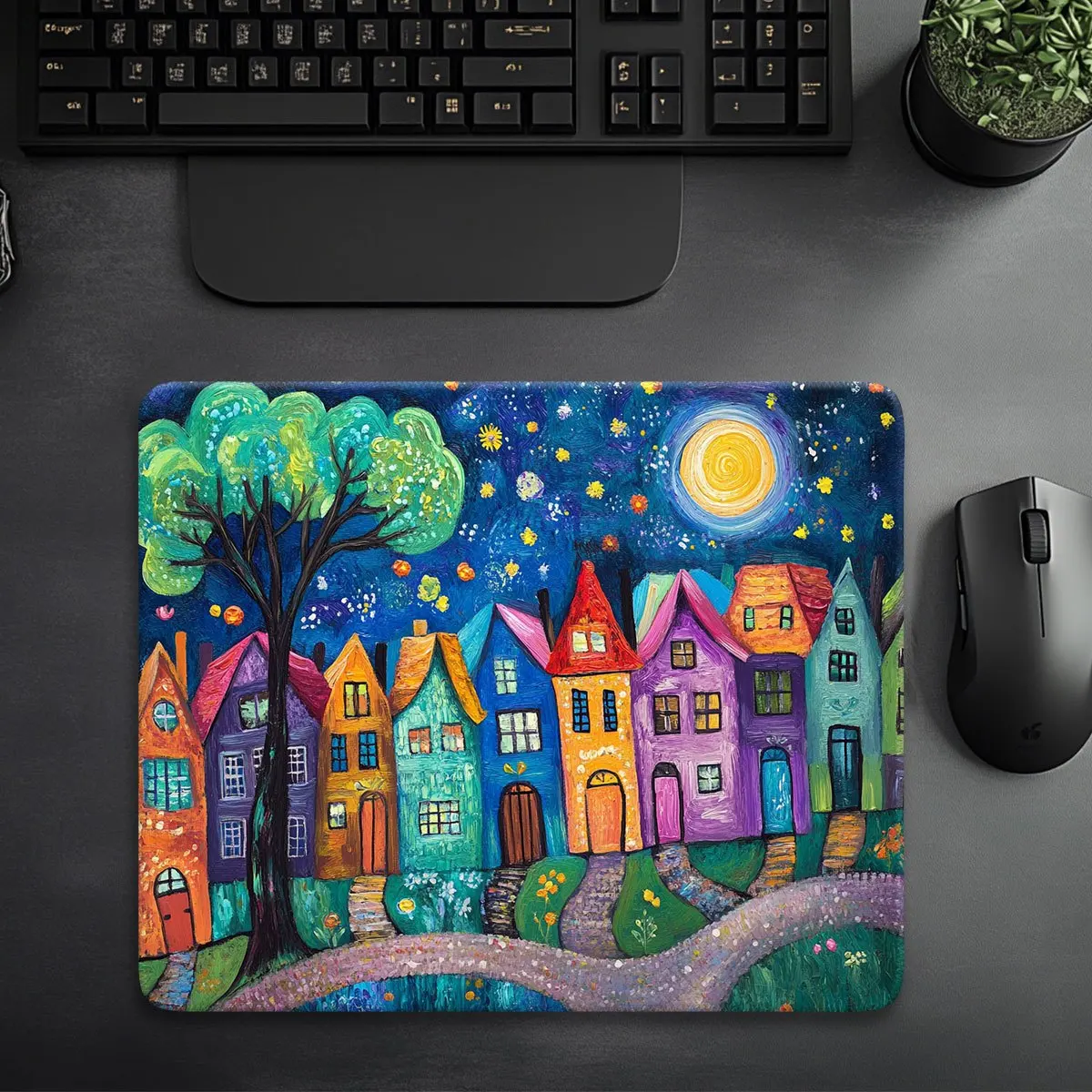 

Hand-drawn mouse pad, starry night city street art design, fun oil painting illustration, anti-slip and washable small table mat