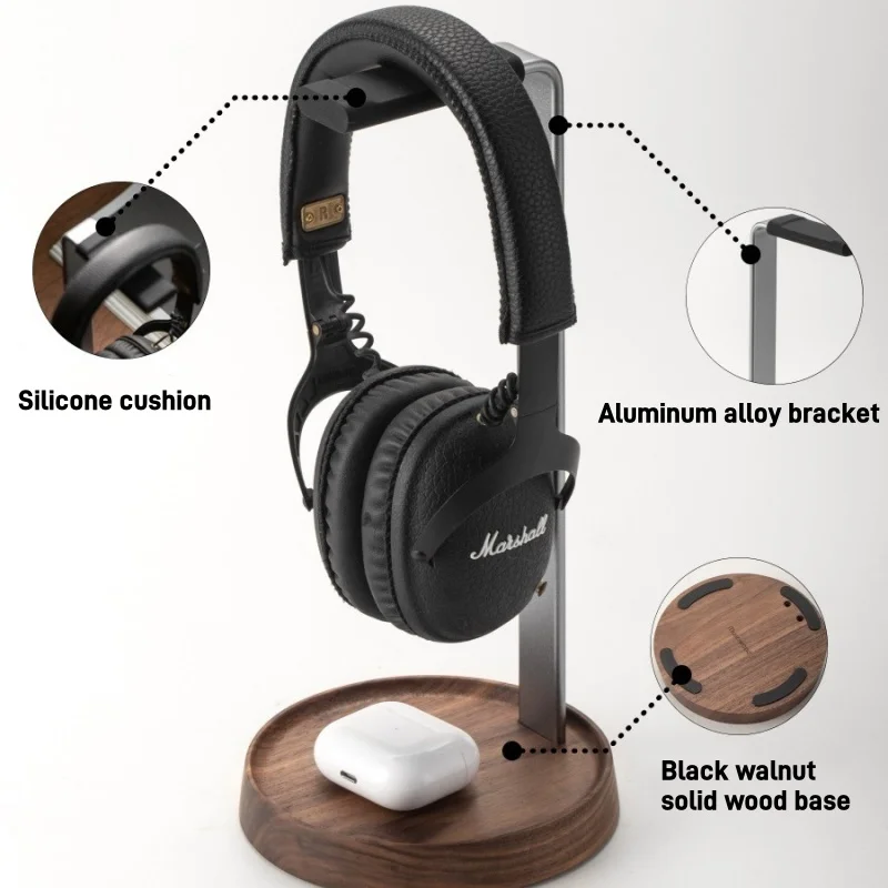 Black Walnut Solid Wood Headphone Stand Metal Alloy Headphones Display Earphone Desktop Storage E-sports Gaming Headset Hanger