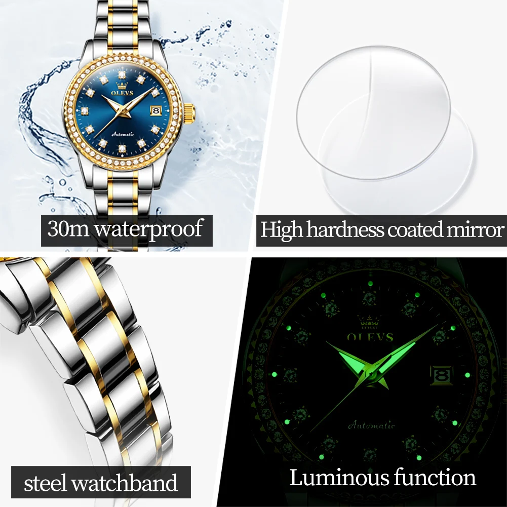 OLEVS Women\'s Watches Fashion Original Automatic Mechanical Watch for Ladies Sparkling Diamond Dial Waterproof Luminous Date