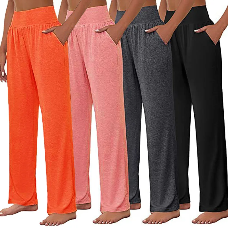 

Women's Elastic High Waist Wide Leg Pants Casual Workout Jogging Pants Loose Sweatpants Straight Long Trousers with Pockets