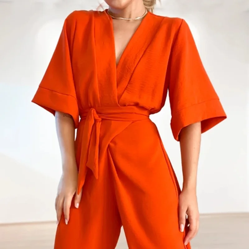 Lantaarnmouw Jumpsuit Met Riem Vrouwen Hoge Taille V-Hals Mode Elegante Casual Broek Overall Effen Kleur Lente Zomer Nieuw