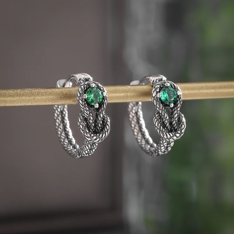 Vintage Lucky Knot Earrings Green Zircon Hypoallergenic Hoop Earrings Women\'s Casual Party Jewelry Gifts