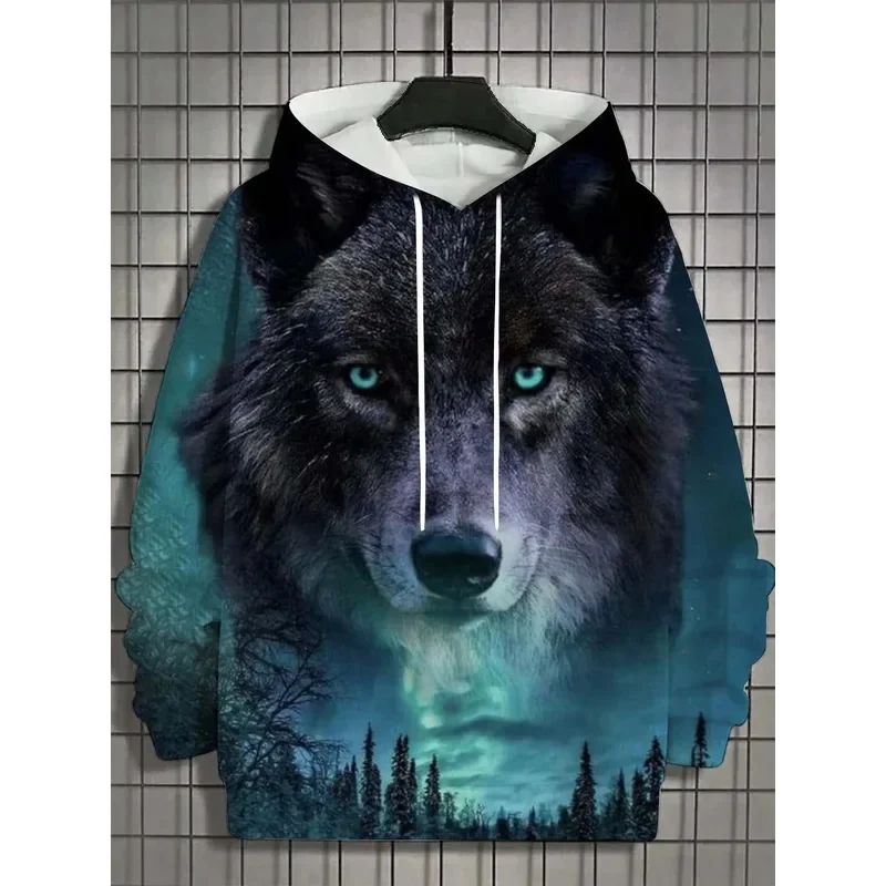 2026 Fashion Men's Autumn Wolf Printed Comfortable Soft Hooded Sports Shirt Outdoor City Street Top