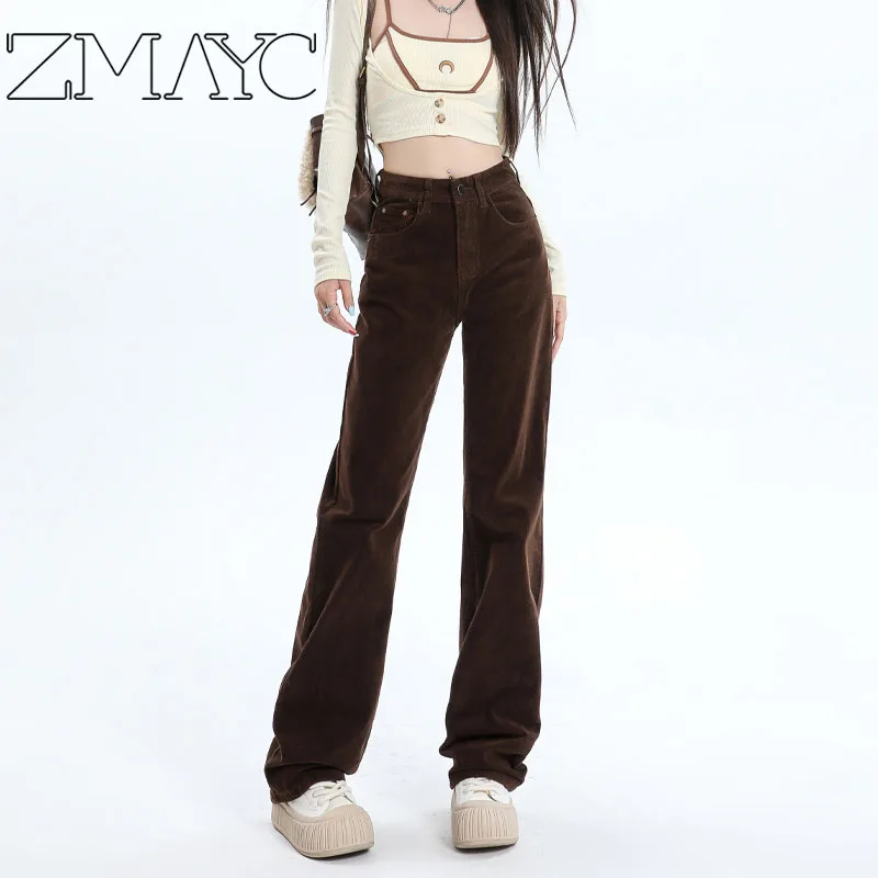 ZMAYC Women's Fashion Retro Solid Color Corduroy Wide Leg Pants Casual Straight Pants For Autumn Winter High Waist Loose Pants