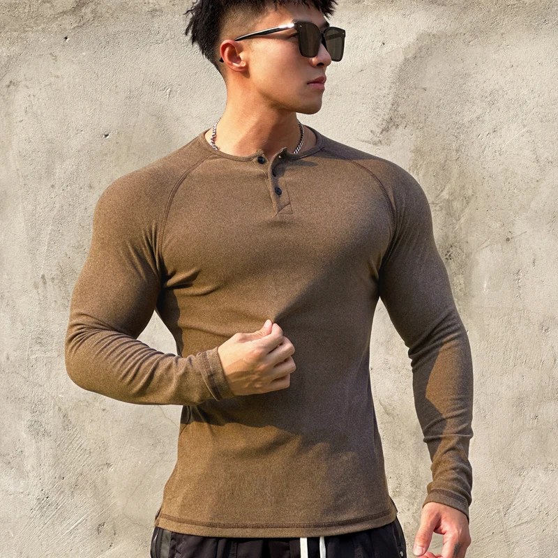 Autumn and winter men's casual sports fitness T-shirt washed with double-sided velvet for warmth and breathability, Henry shirt